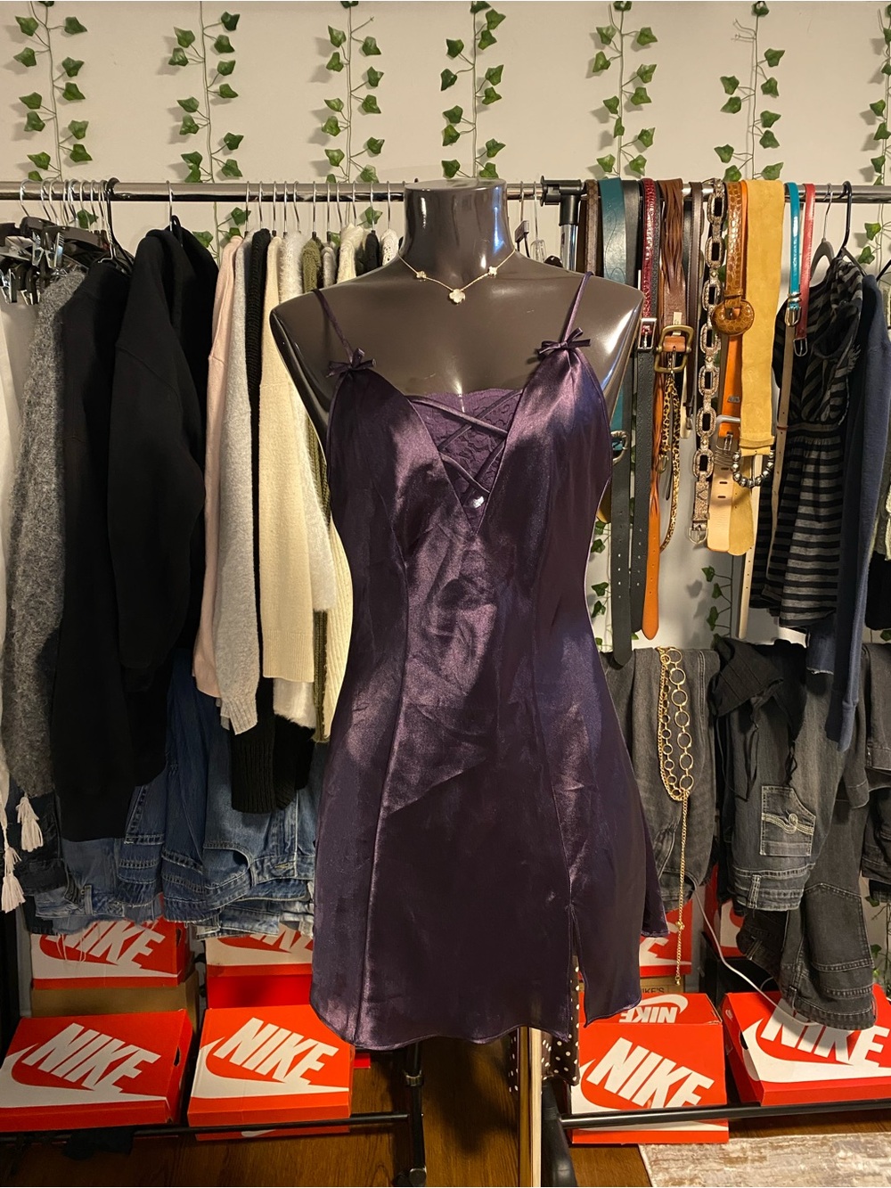 La Senza Satin Lace-Up Slip Dress - Dark Purple